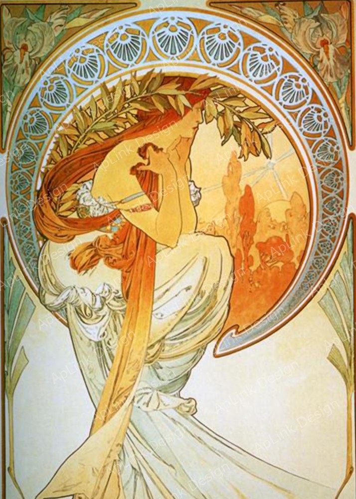 円環の中で詩神を描いた装飾パネル — 《詩（芸術）》（Poetry）。Wikimedia Commons所蔵のパブリックドメイン画像。