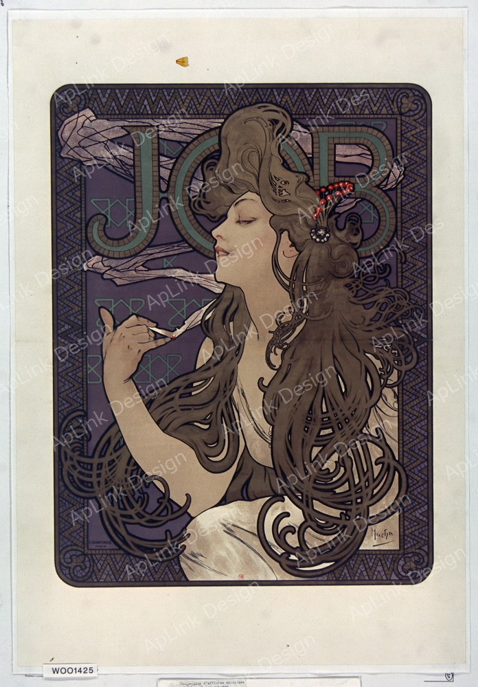 長い髪が画面を埋め尽くすジョブ紙の商業ポスター — 《ジョブ紙（1896）》（Job (1896)）。Wikimedia Commons所蔵のパブリックドメイン画像。