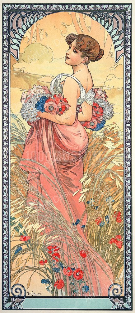 麦と陽光に包まれた夏の装飾パネル — 《夏（四つの季節）》（Summer）。Wikimedia Commons所蔵のパブリックドメイン画像。