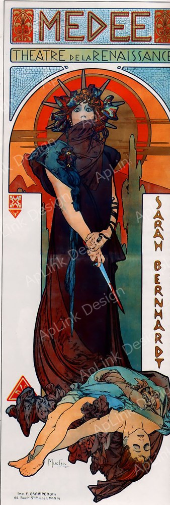 短剣を握るメデアを縦長の画面に据えた劇場ポスター — 《メデー》（Medea）。Wikimedia Commons所蔵のパブリックドメイン画像。