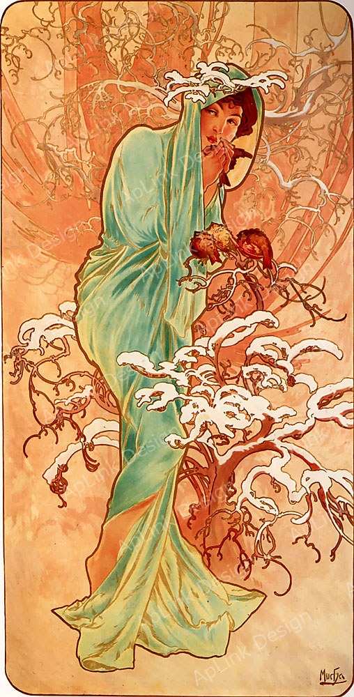 雪と静寂の冬の装飾パネル — 《冬（四つの季節）》（Winter）。Wikimedia Commons所蔵のパブリックドメイン画像。