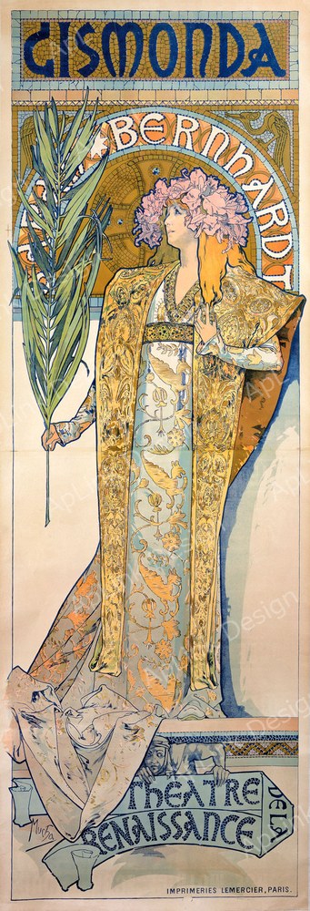サラ・ベルナールを月桂樹の輪に収めた劇場ポスター — 《ジスモンダ》（Gismonda）。Wikimedia Commons所蔵のパブリックドメイン画像。