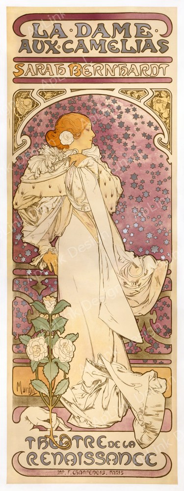 椿を手にしたサラ・ベルナールの劇場ポスター — 《椿姫》（La Dame aux Camélias）。Wikimedia Commons所蔵のパブリックドメイン画像。