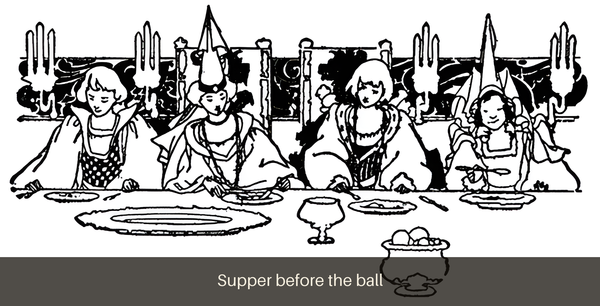 Illustration from Favorite Fairy Tales (1917) — Supper before the ball. Public domain fairy tale art.