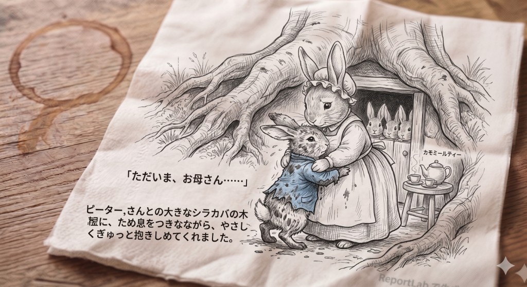 帰宅したピーターを抱きしめるお母さん。カモミールティー